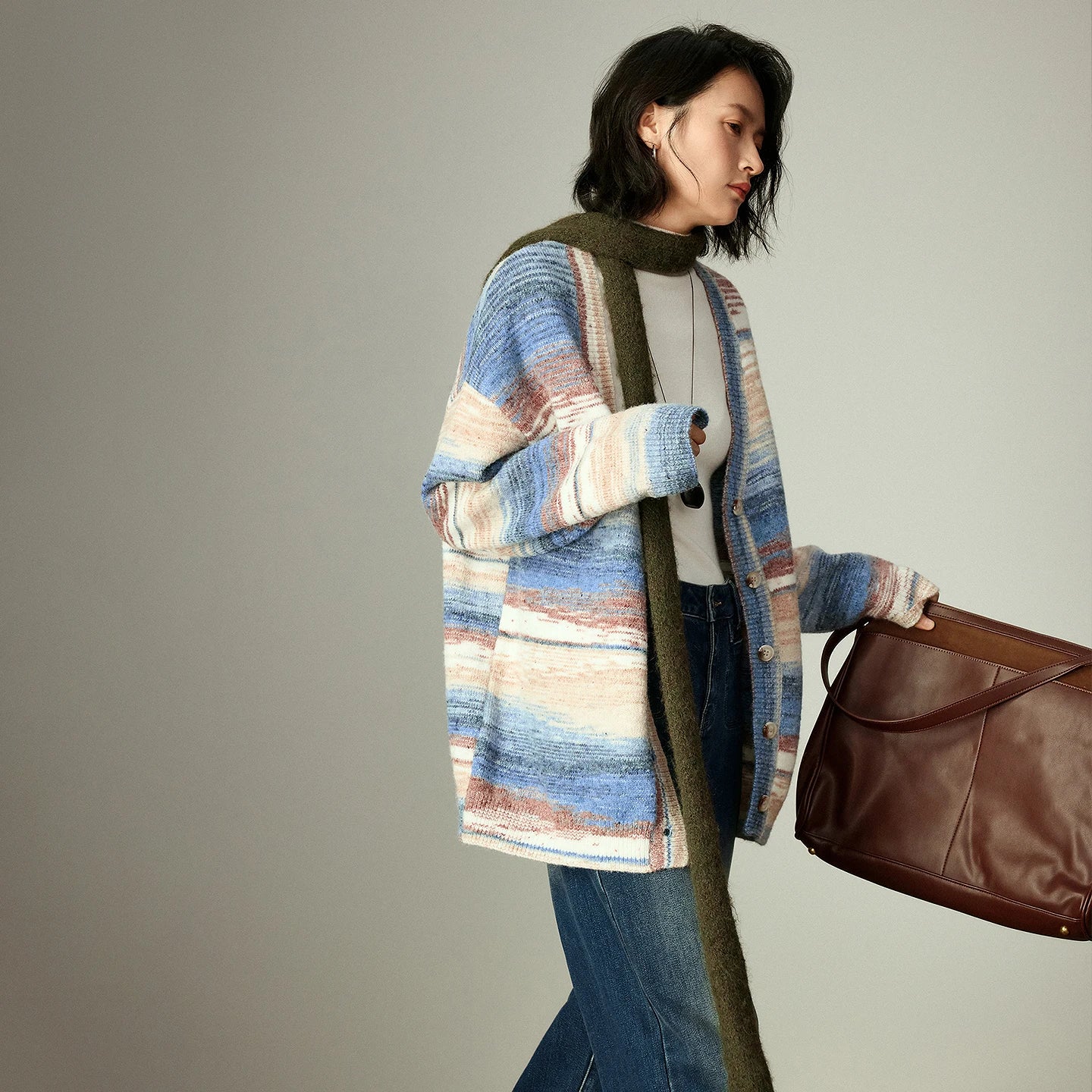 Cardigan Femme – Effet Dégradé, Col V, Rayures Romantiques