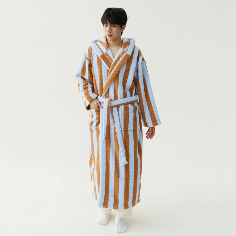 Peignoir Velours Rayé Couple Manches Longues