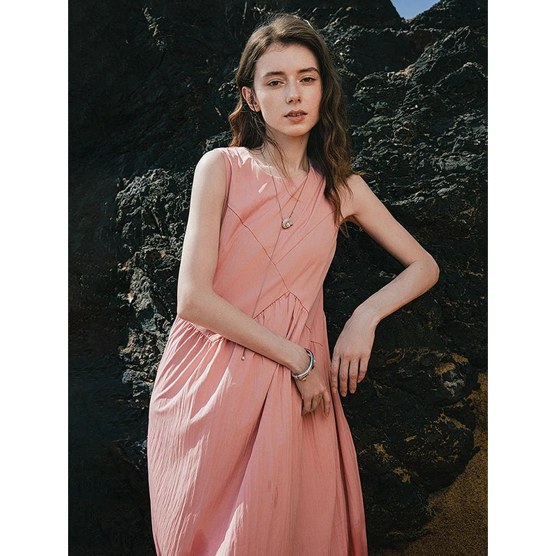 Damen-Midikleid, wadenlang, Sommer, Strandstil, A-Linie, ärmellos, Spaghettiträger