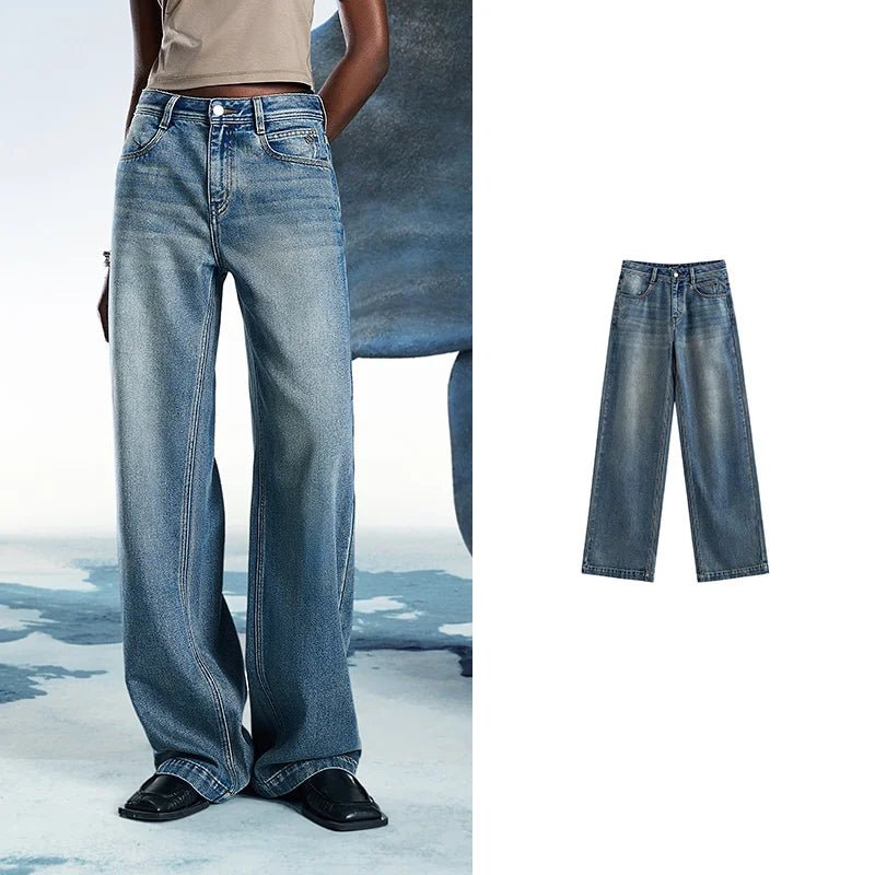 Jean femme taille mi-basse coupe droite large slim fit
