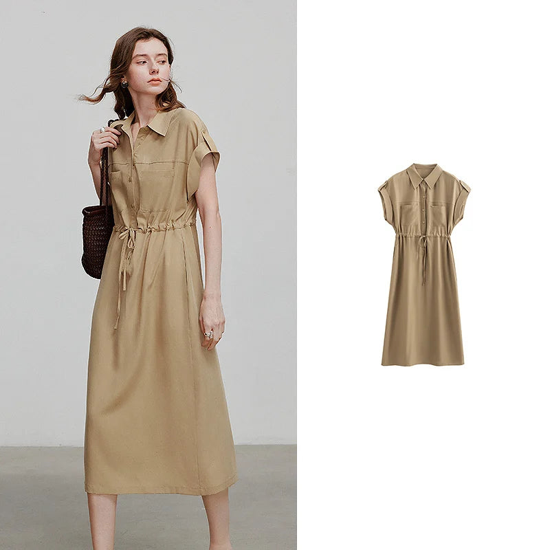 Women's mid-calf summer A-line dress with raglan sleeves, shirt collar, and floral print