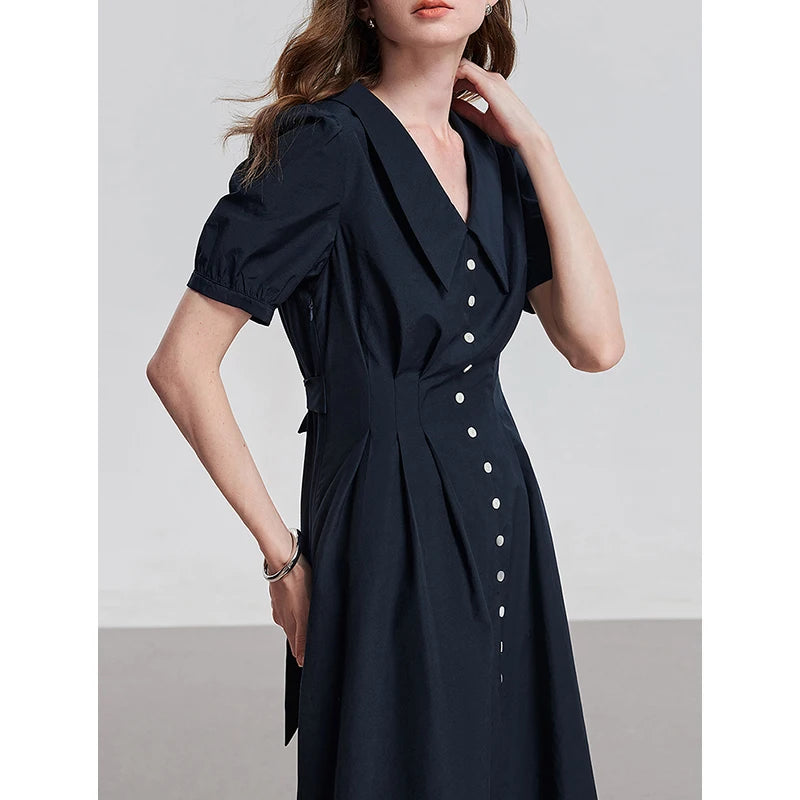 Women's mid-calf summer A-line dress with puff sleeves and Peter Pan collar