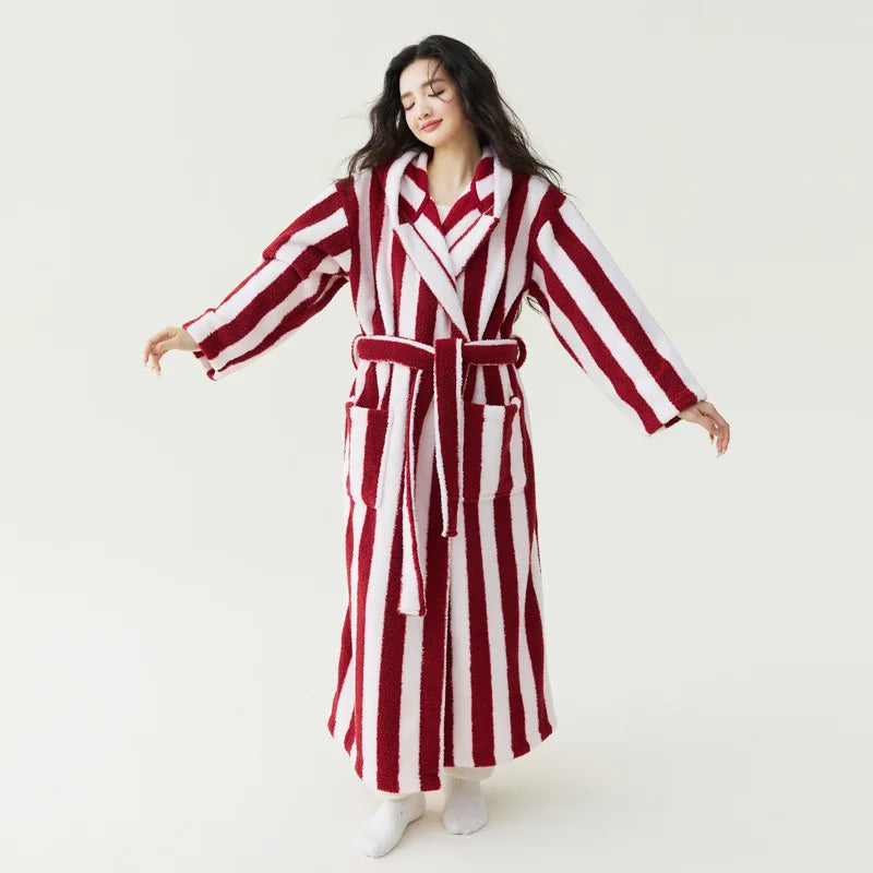 Peignoir Velours Rayé Couple Manches Longues