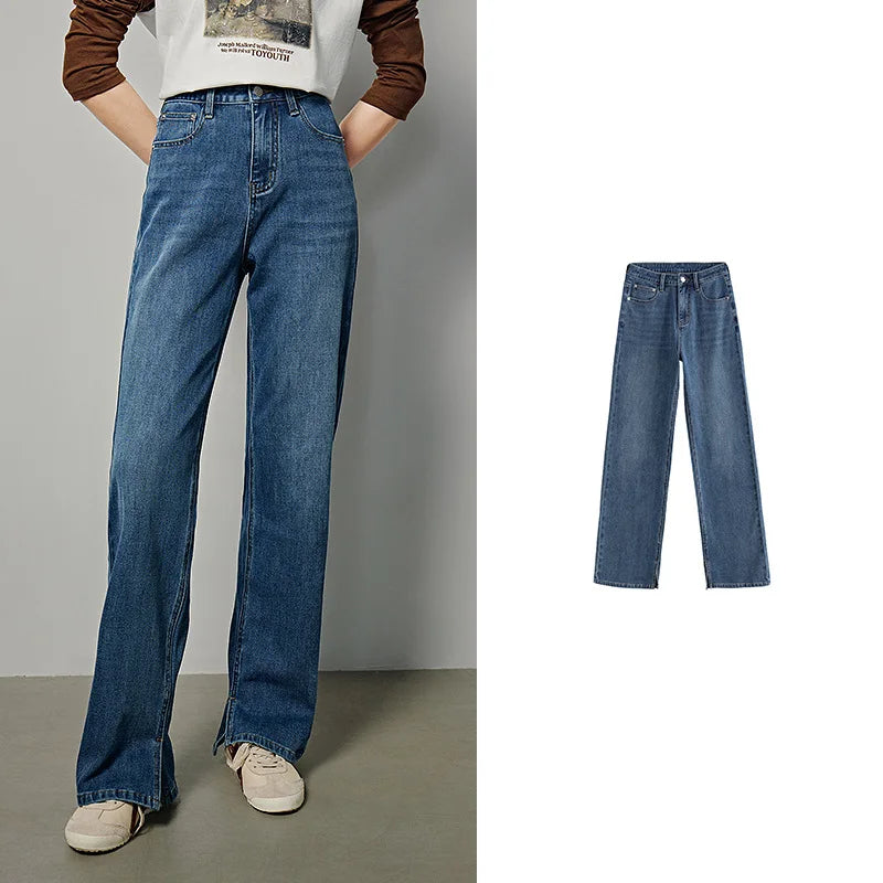 Jean femme taille haute coupe droite avec fente et boutons