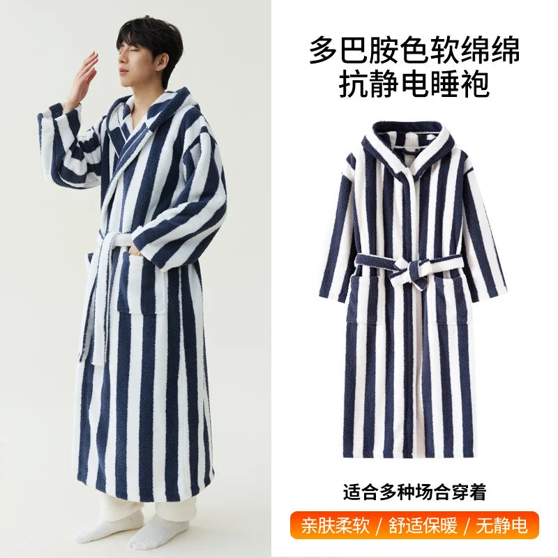 Peignoir Velours Rayé Couple Manches Longues