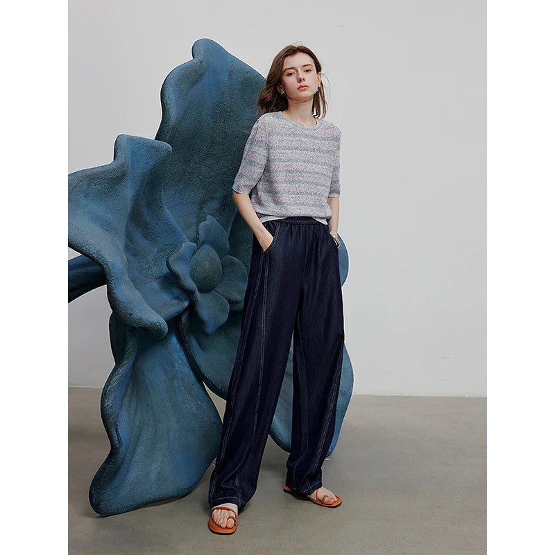 Jean femme taille élastique coupe droite large style banane