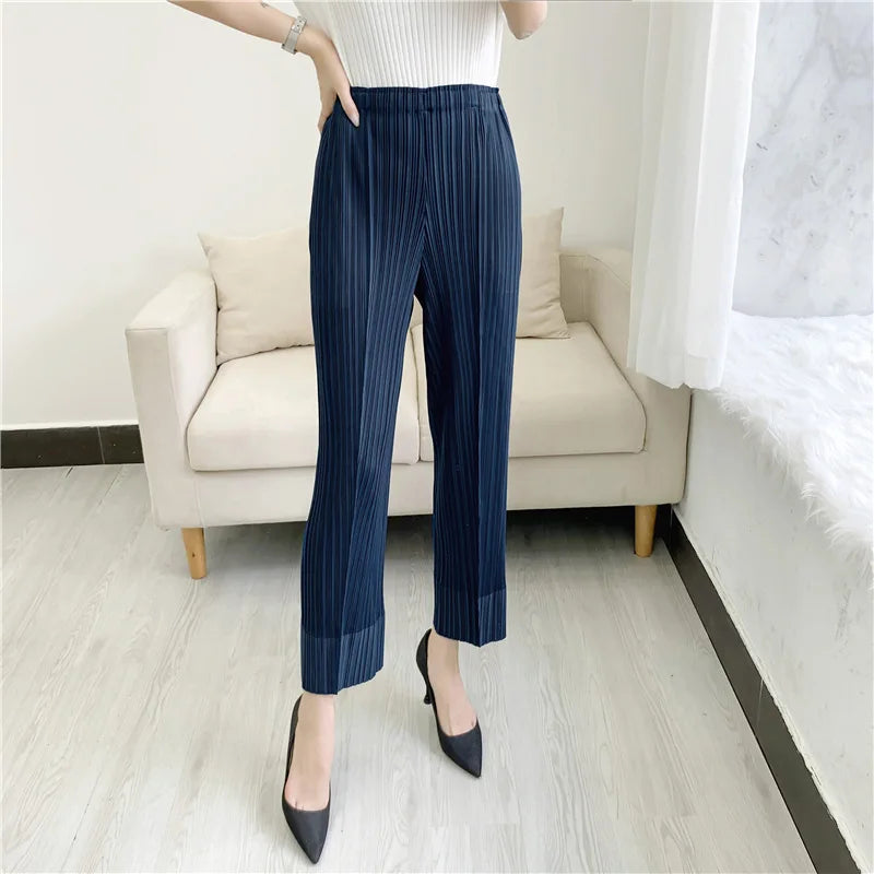 Miyake Pleated Straight Leg Pants, Women's Elastic Waist Cropped Pants, Casual and Versatile Small Leg Pants