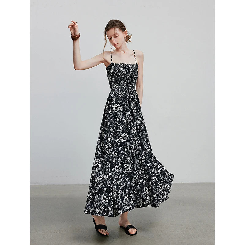 Robe femme mi-mollet été A-Line sans manches à bretelles spaghetti motif floral