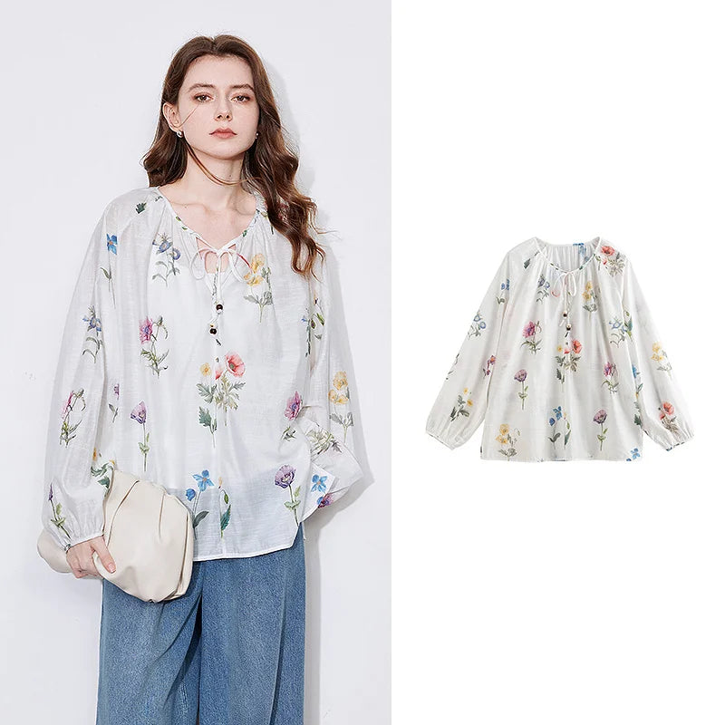 Chemise femme manches longues col rond imprimée style office