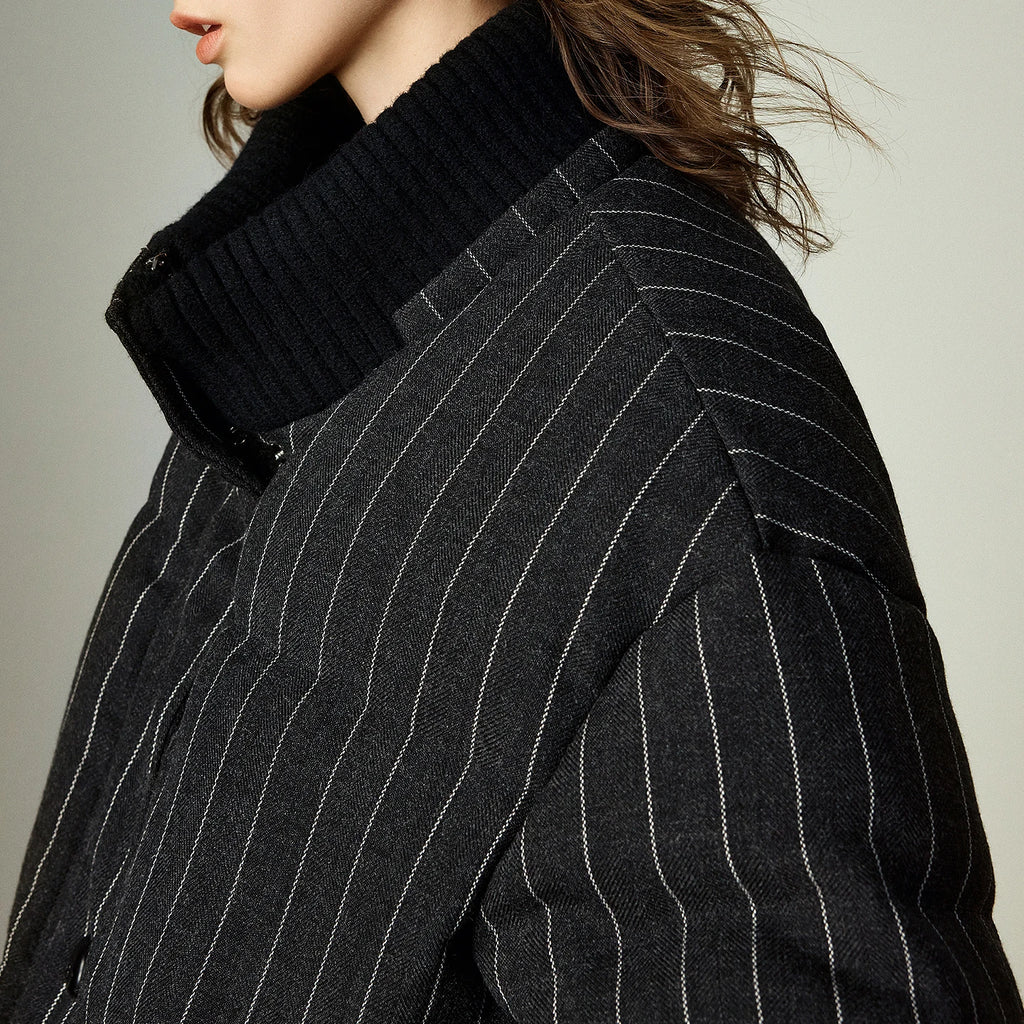 Women's Puffer Jacket - Feathers, Knitted High Collar, Stripes