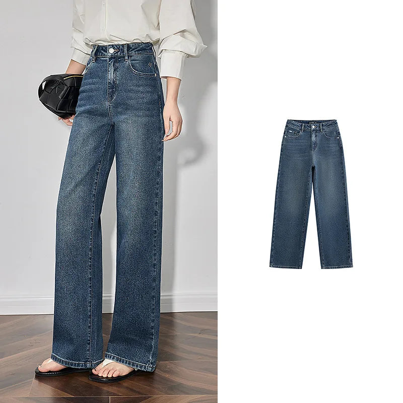 Jean femme taille mi-haute coupe large avec broderie