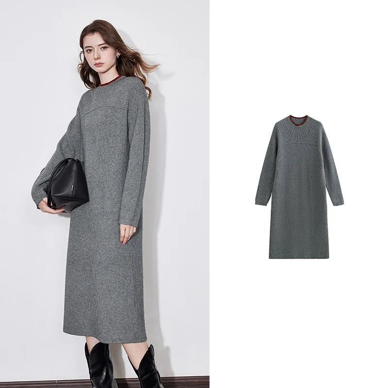 Robe femme mi-mollet hiver A-Line manches longues col rond