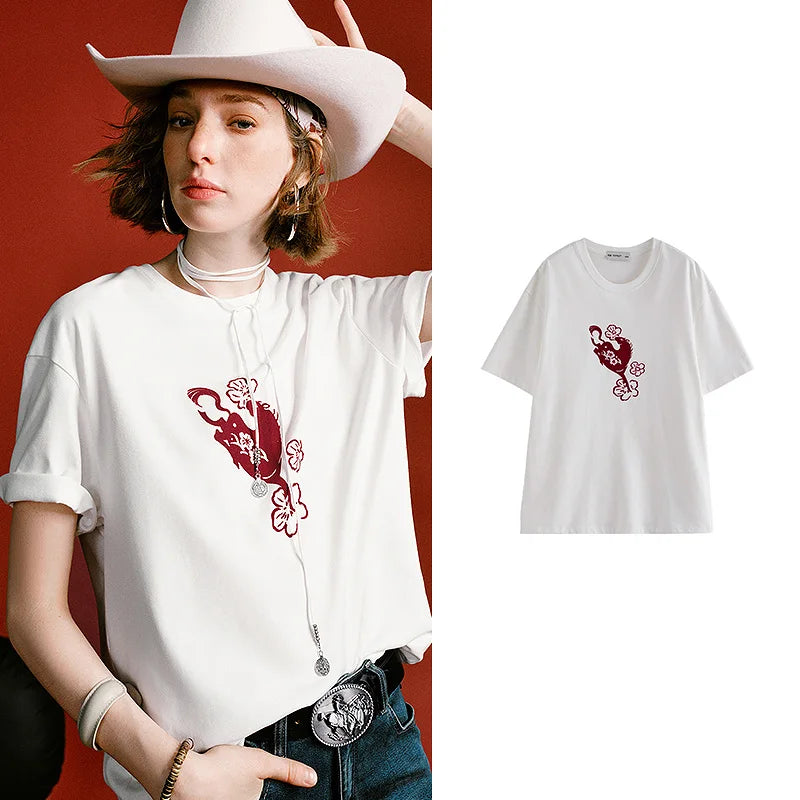 T-shirt Femme Coton Épais Haut de Gamme – Motif Cheval Élégant