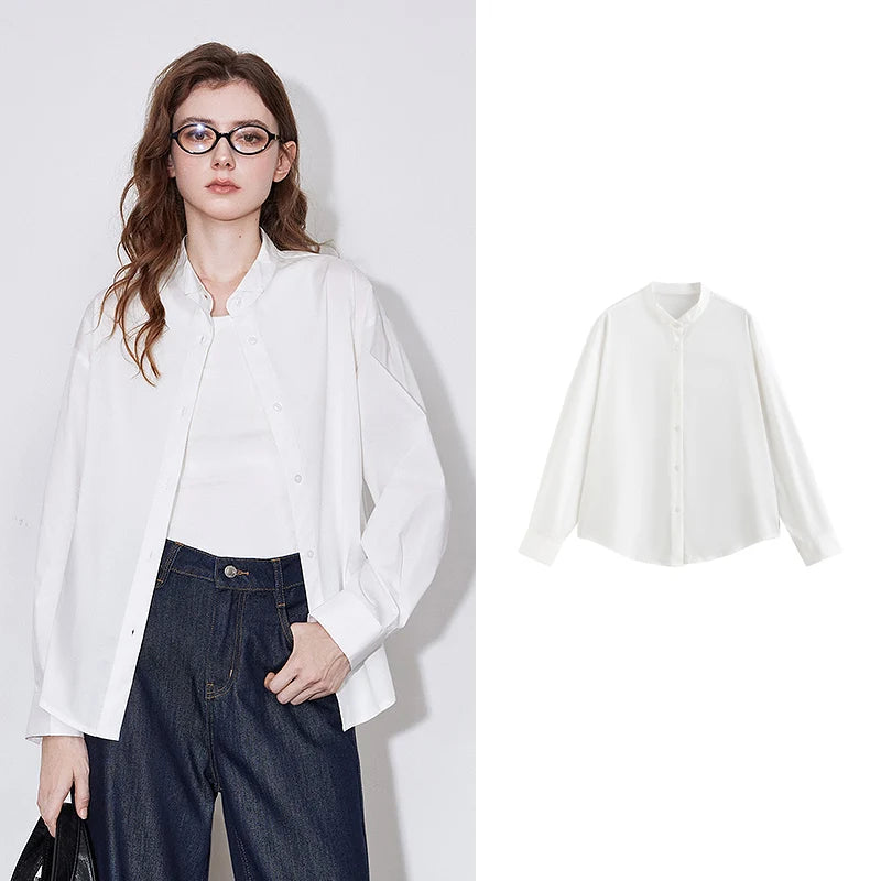 Chemise femme manches longues col montant uni casual
