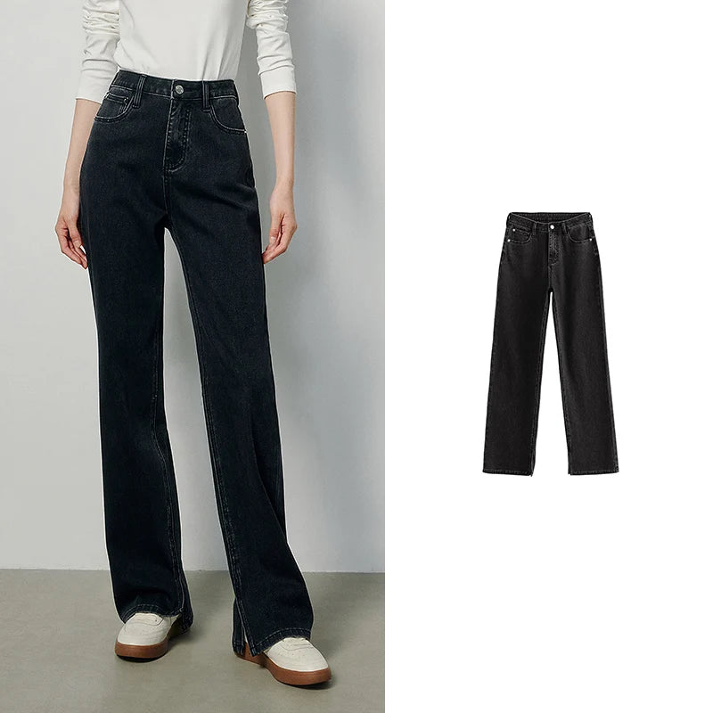 Jean femme taille haute coupe droite avec fente et boutons