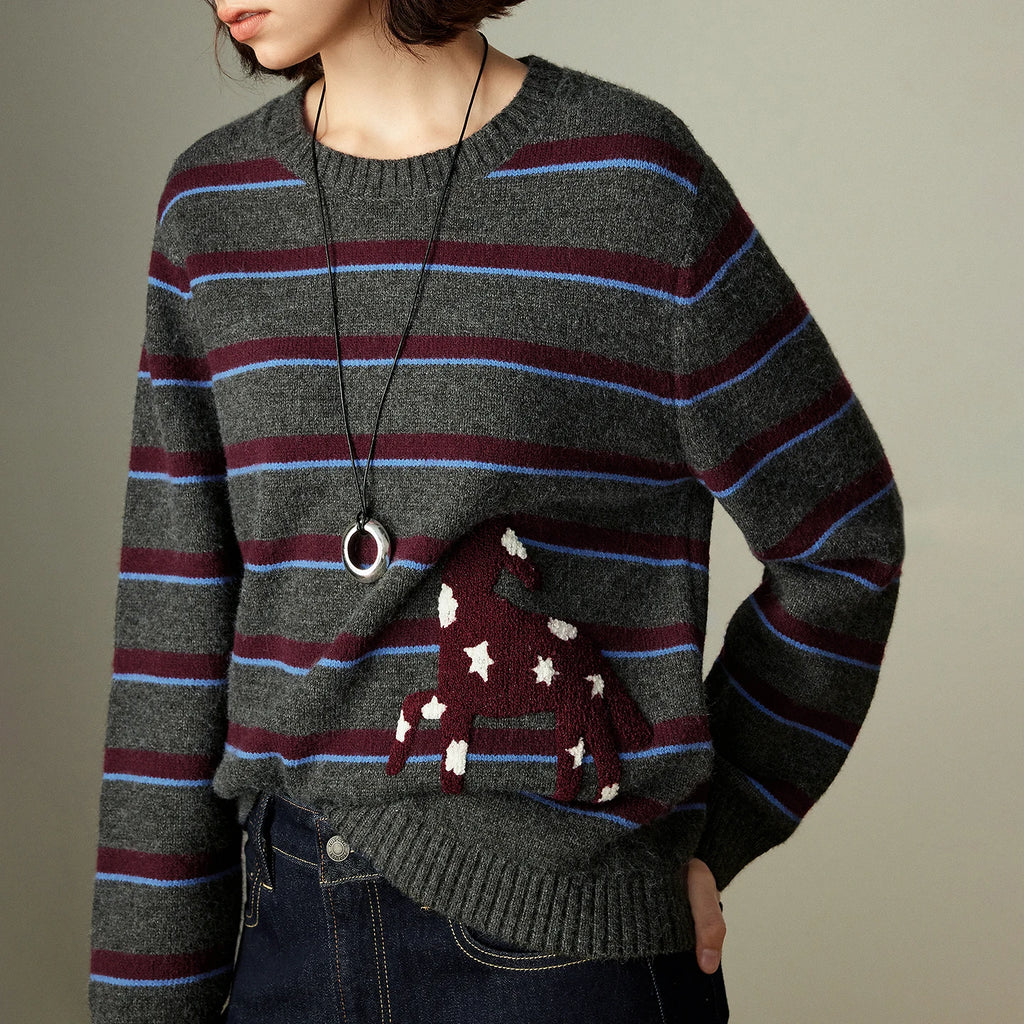Vintage Damenpullover – Streifen & Stern- und Pferde-Stickerei, Rundhalsausschnitt