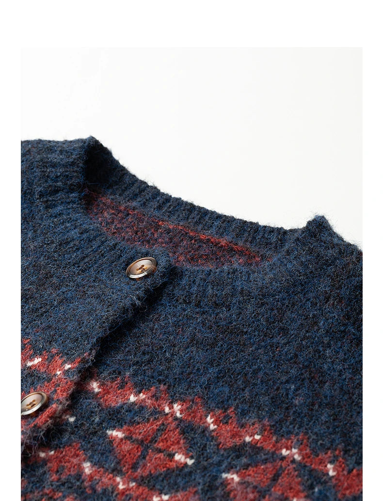 Pull Femme – Style Nordique Vintage, Motif Argyle Jacquard, Fausse Fourrure Hippocampe, Col Rond