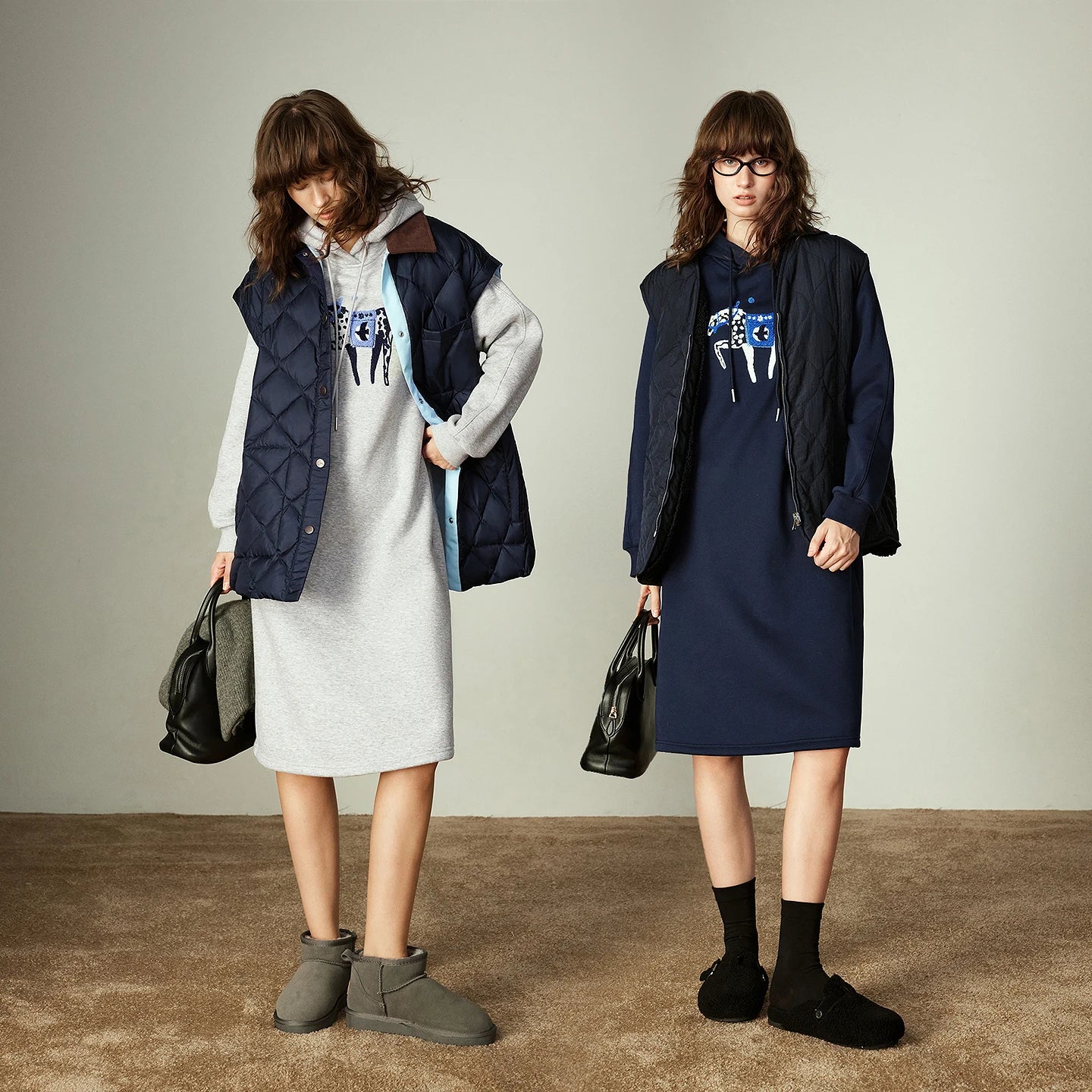 Women's Sweatshirt Dress – Hooded, Embroidered Horse, Soft Fleece Knit, Loose Fit, Mid-Length