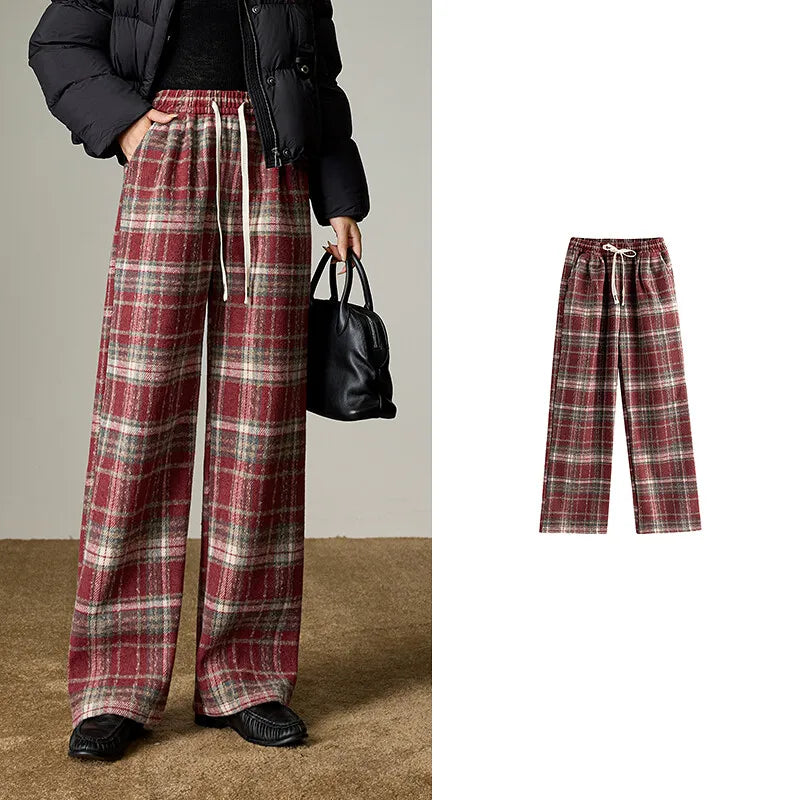 Women's Trousers – High Waist, Slim and Wide Fit, Wool Plaid Pattern