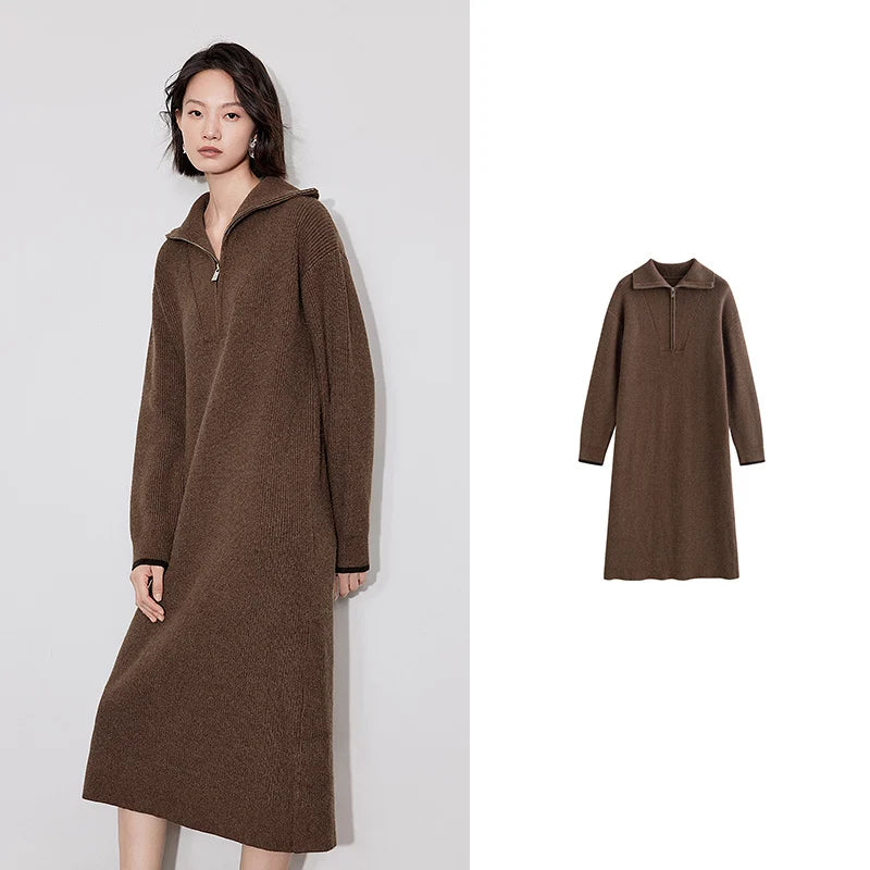 Women's mid-calf winter dress, straight, long sleeves, shirt collar with zipper
