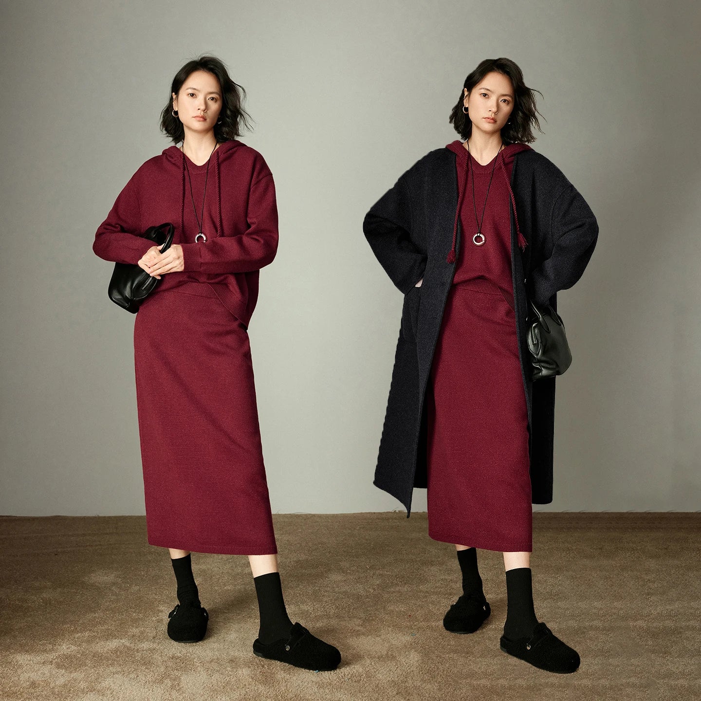 Ensemble Femme – Pull à Capuche et Jupe Bodycon, Couleur Rouge Vin, Tenue Festive Deux-Pièces