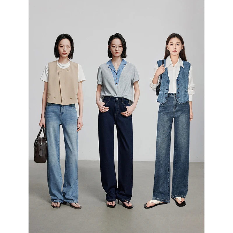 Jean femme taille mi-haute coupe large avec broderie