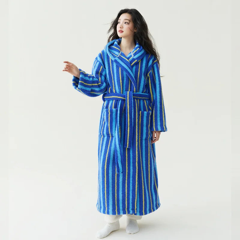 Peignoir Velours Rayé Couple Manches Longues