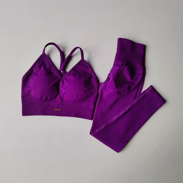 Ensemble de fitness femme seamless à col V, brassière de yoga et legging taille haute gainant