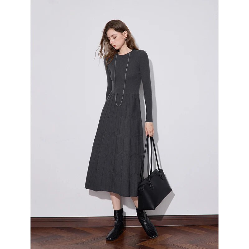 Robe femme mi-mollet hiver A-Line manches longues col rond