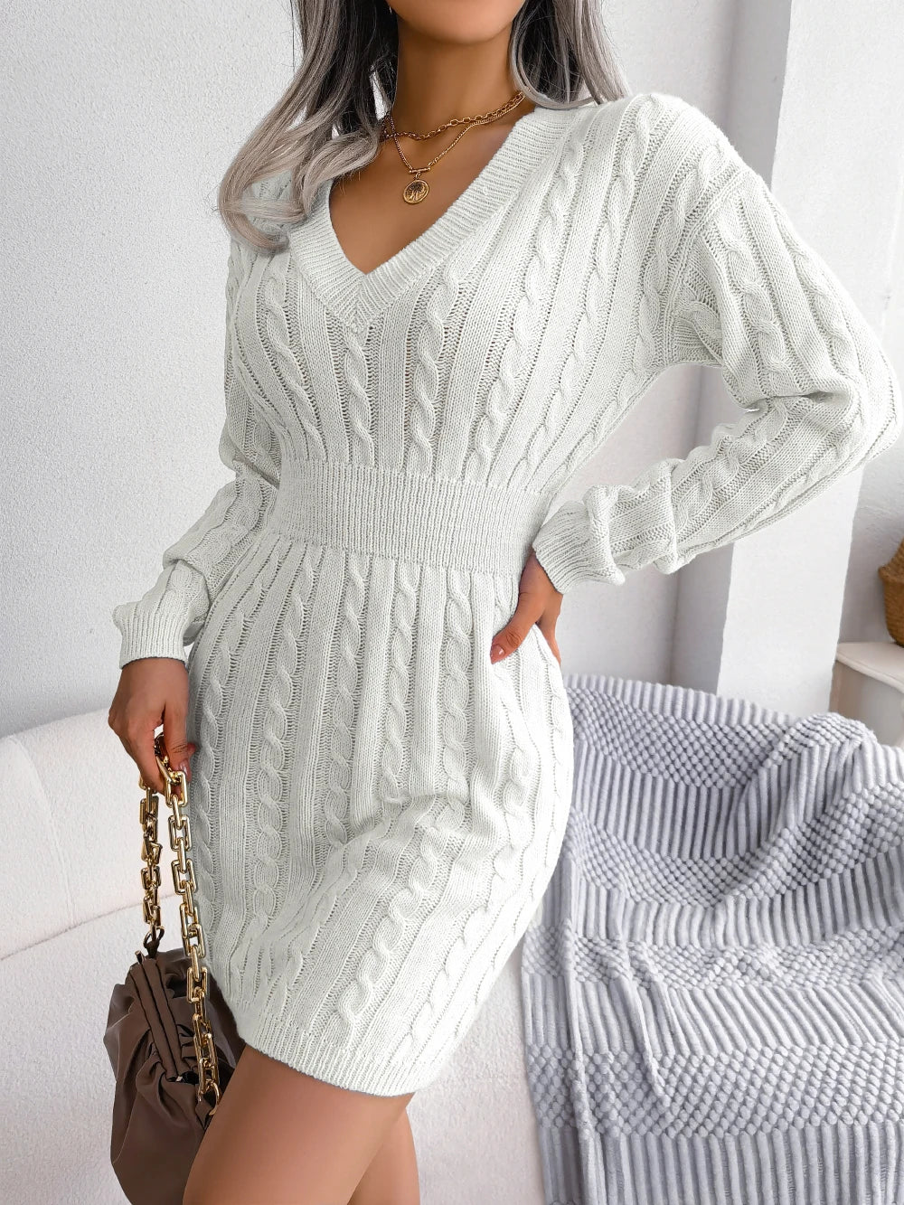 Robe pull en maille manches longues, taille slim