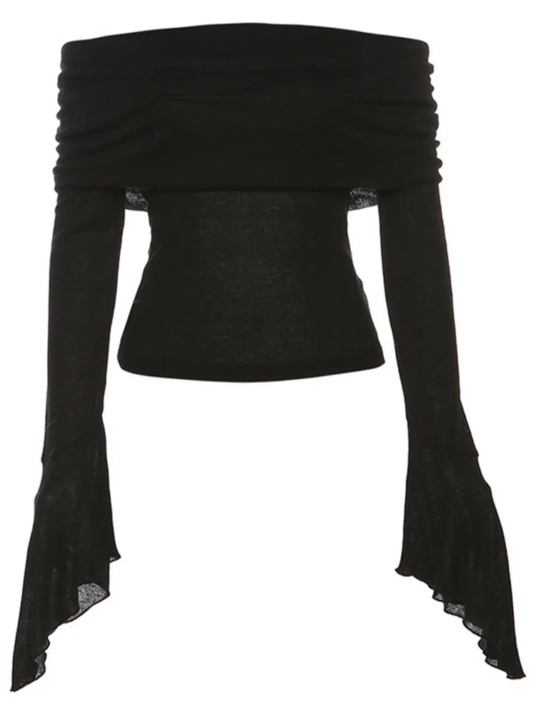 T-shirt Col Asymétrique, Manches Longues, Style Vintage Off-Shoulder