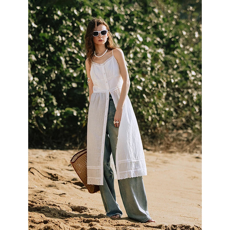 Robe femme mi‑mollet été style plage A-Line sans manches rayée