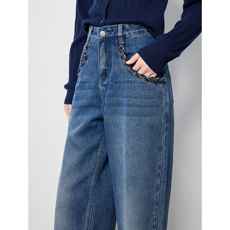 Jean femme taille haute coupe large motif tissé