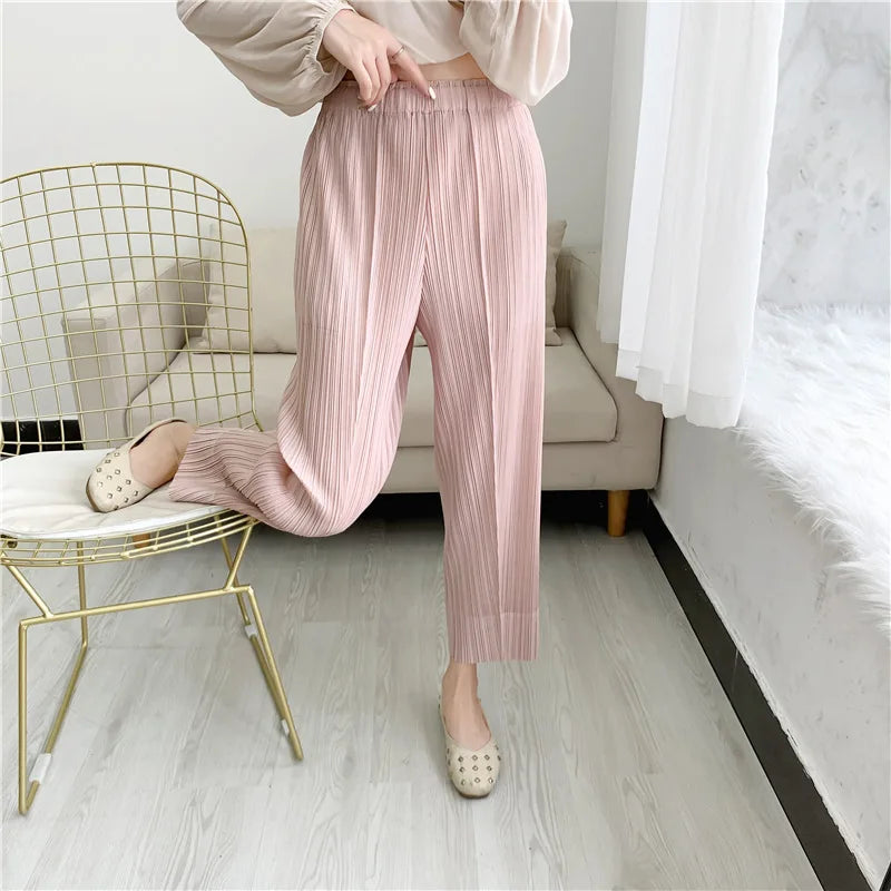 Miyake Pleated Straight Leg Pants, Women's Elastic Waist Cropped Pants, Casual and Versatile Small Leg Pants