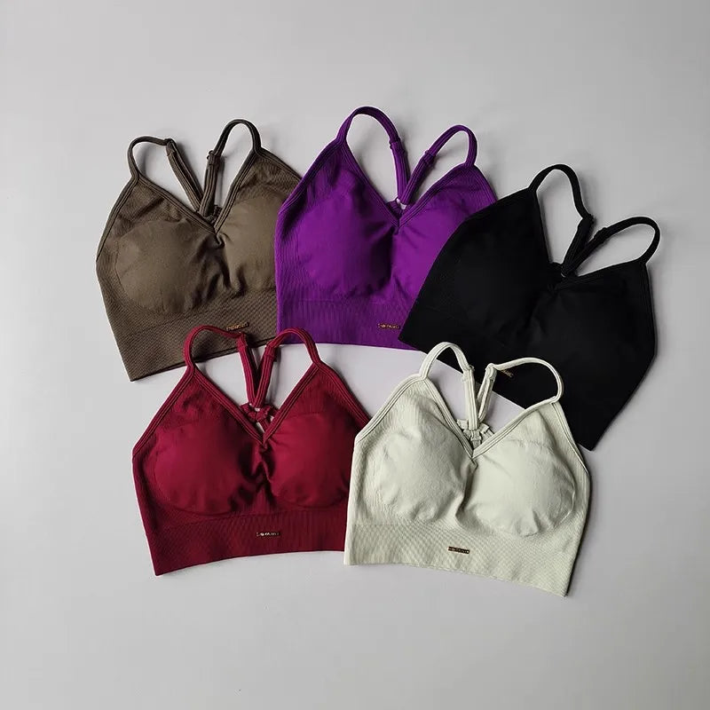 Ensemble de fitness femme seamless à col V, brassière de yoga et legging taille haute gainant