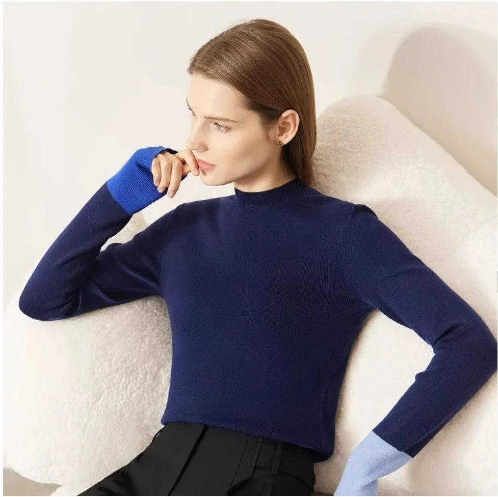 Women's Half-High Collar Warm Winter Knitted Block Thin Versatile Vintage Casual Long Sleeve Sweater