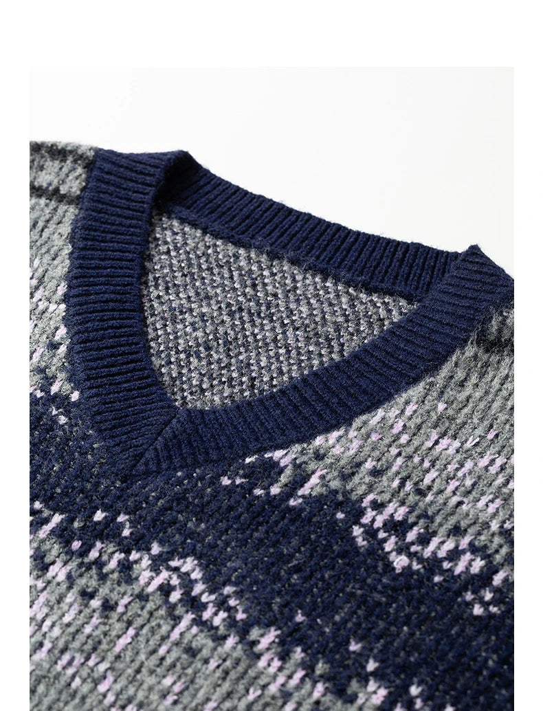 Pull Femme – Col V, Motif Fair Isle Rayé, Maille Douce Type Cachemire Mi-longue
