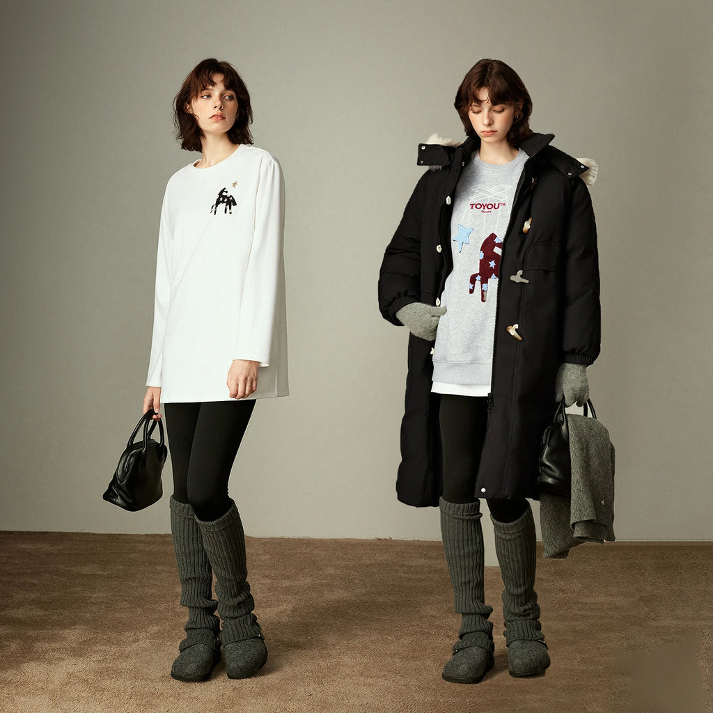 T-shirt Femme Chauffant – Broderie Cheval Mongol, Coupe Loose, Base Layer Confortable