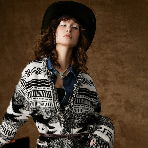 Women's Knitted Cardigan – V-Neck, Ethnic Nomad Style, Fringe Details