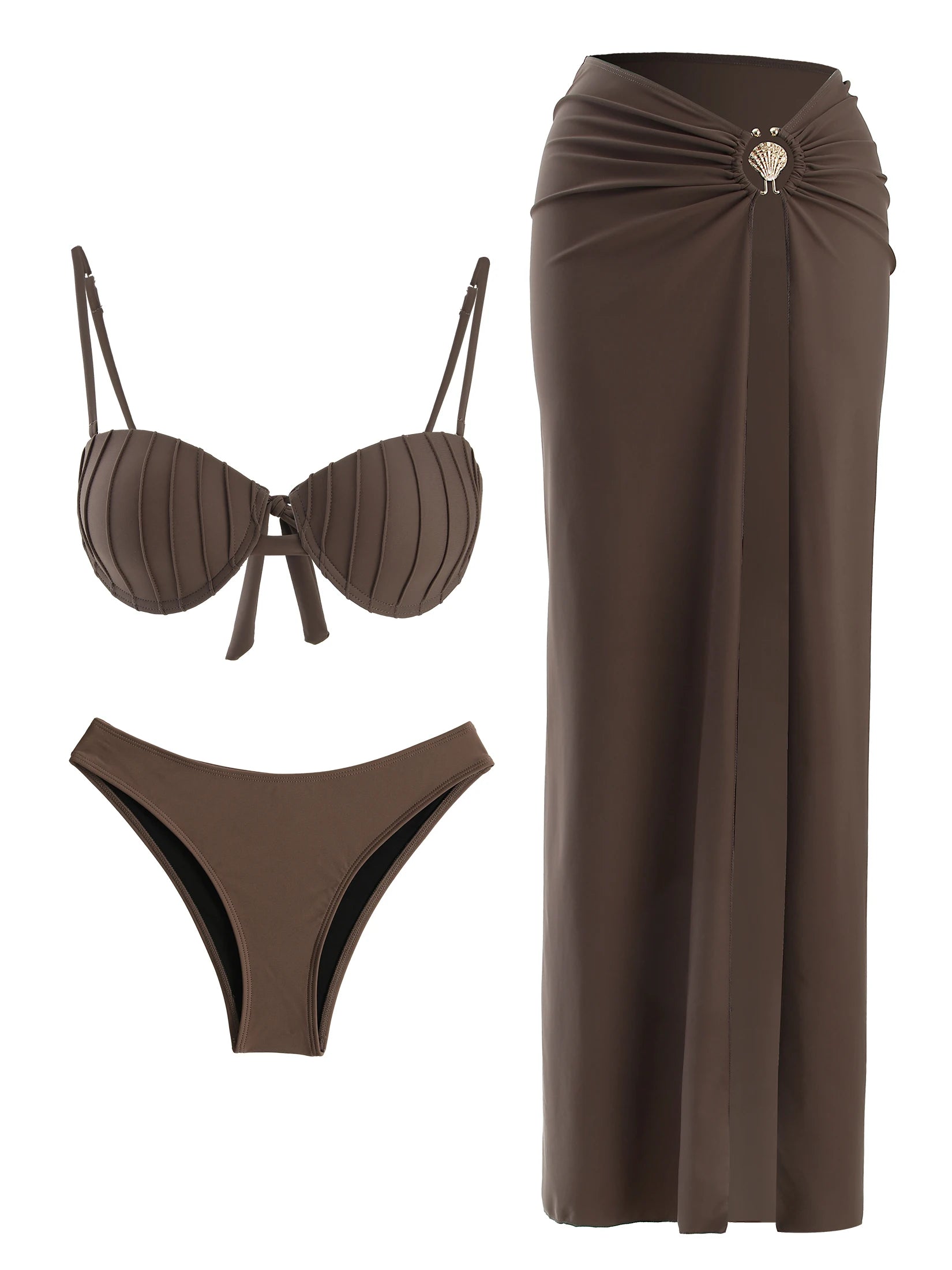 Bikini 3 Pièces Sexy Coquillage avec Jupe Longue et Lacets - Maillot de Bain Femme Brésilien
