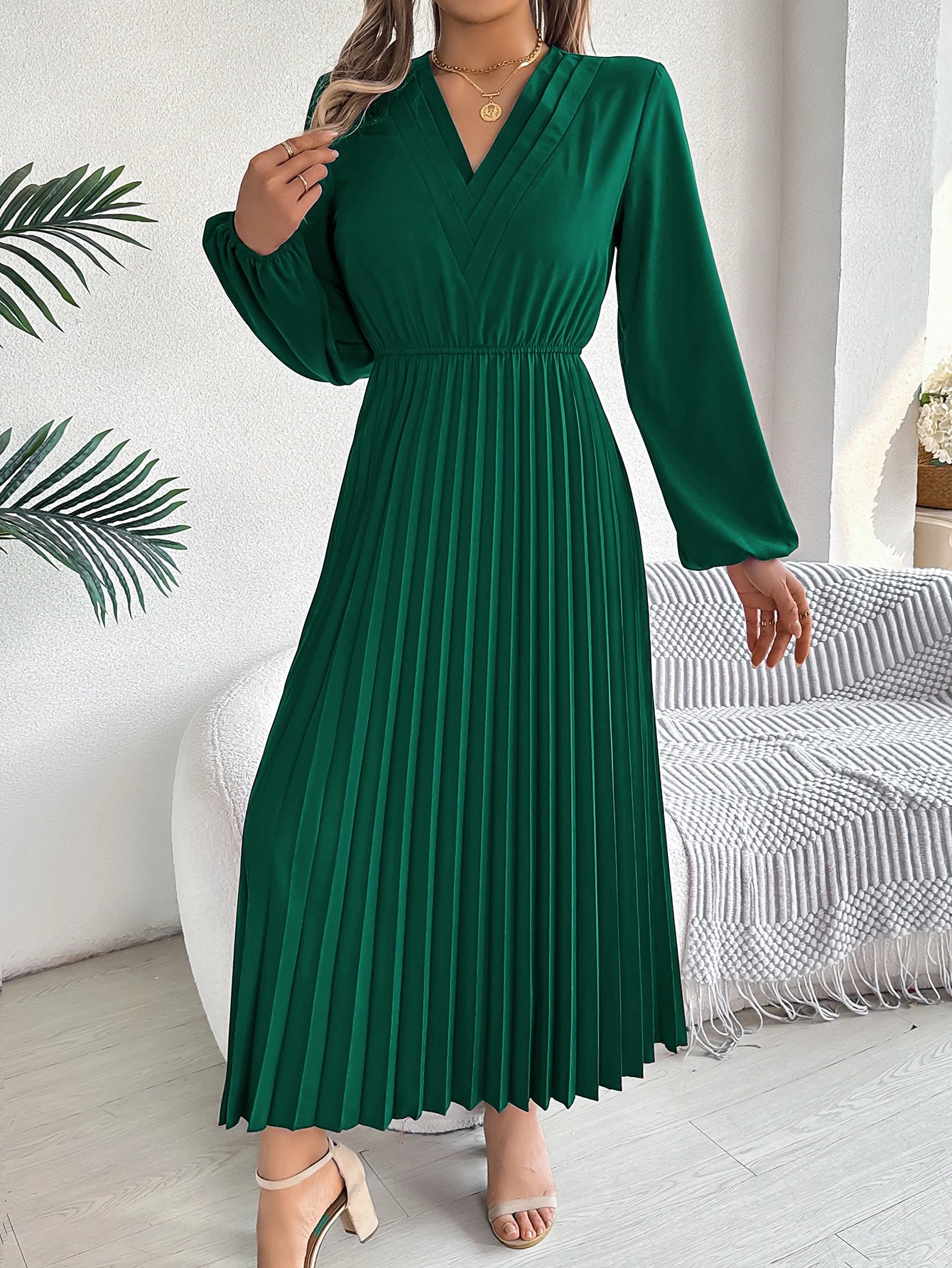 Robe Maxi Élégante pour Col V, Taille Haute, Plissée