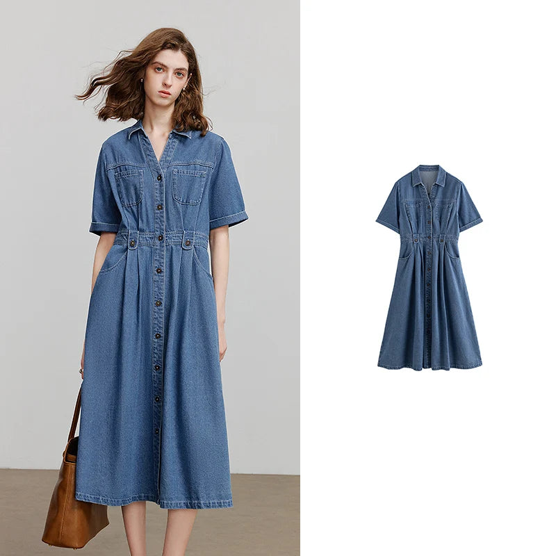 Robe femme mi‑mollet été style office à manches courtes coupe A