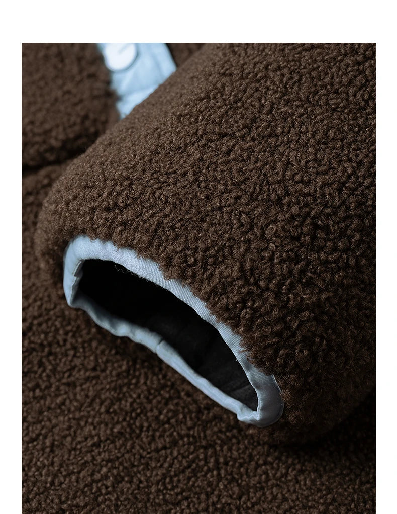 Manteau Femme – Col Haut, Fleece Double-face, Color-blocking Café Foncé