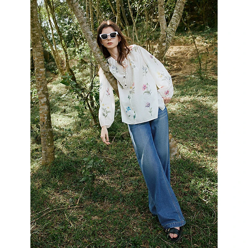 Chemise femme manches longues col rond imprimée style office