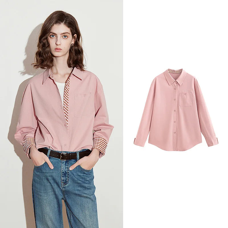 Women's striped shirt – diagonal spliced ​​collar, pure cotton