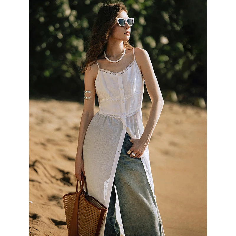 Robe femme mi‑mollet été style plage A-Line sans manches rayée