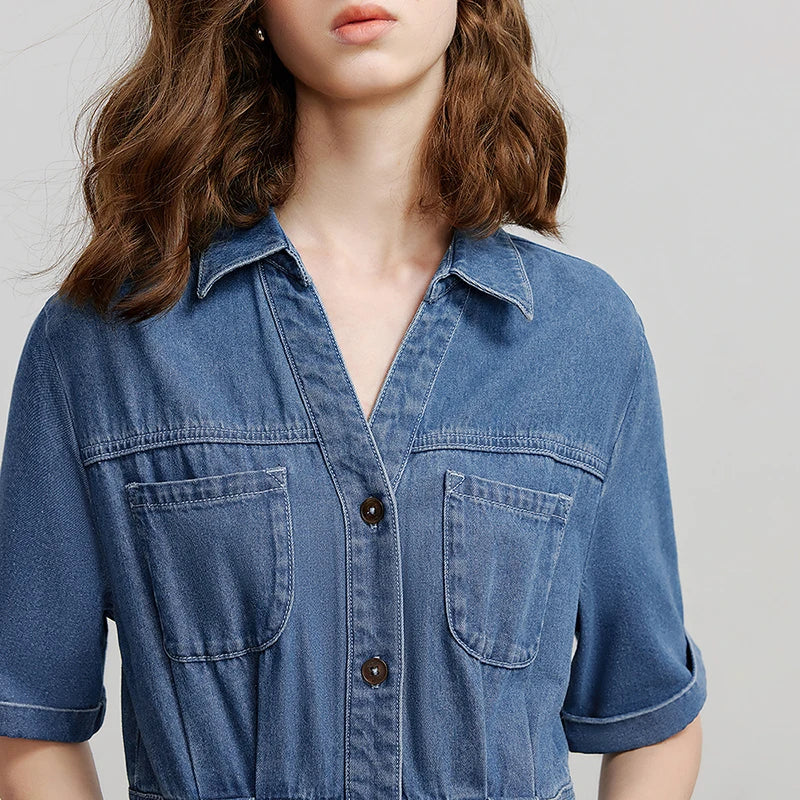 Robe femme mi‑mollet été style office à manches courtes coupe A