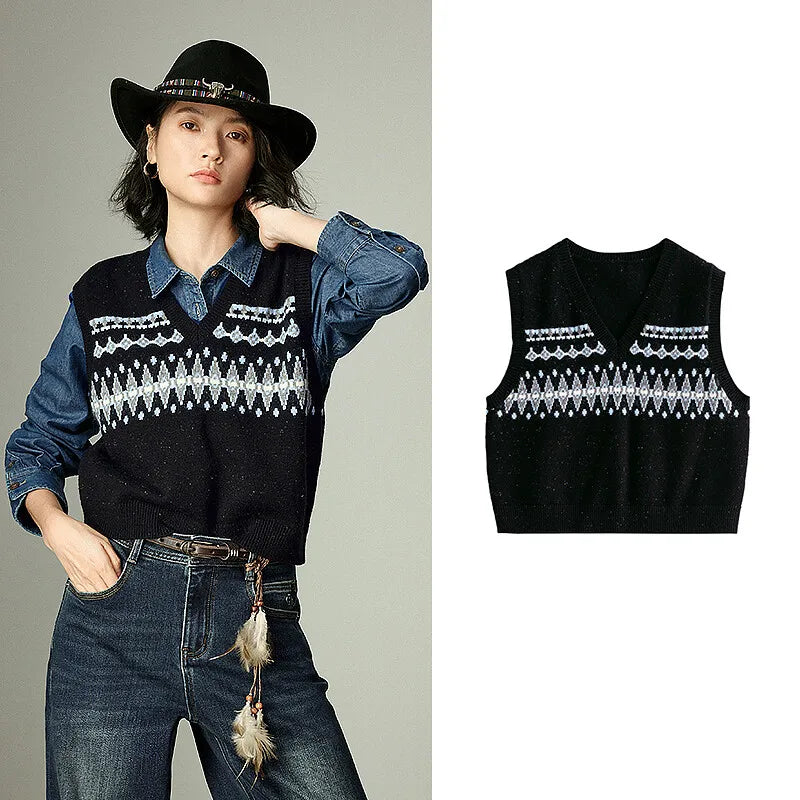 Gilet Femme– Jacquard Fair Isle, Col V, Style Nordique