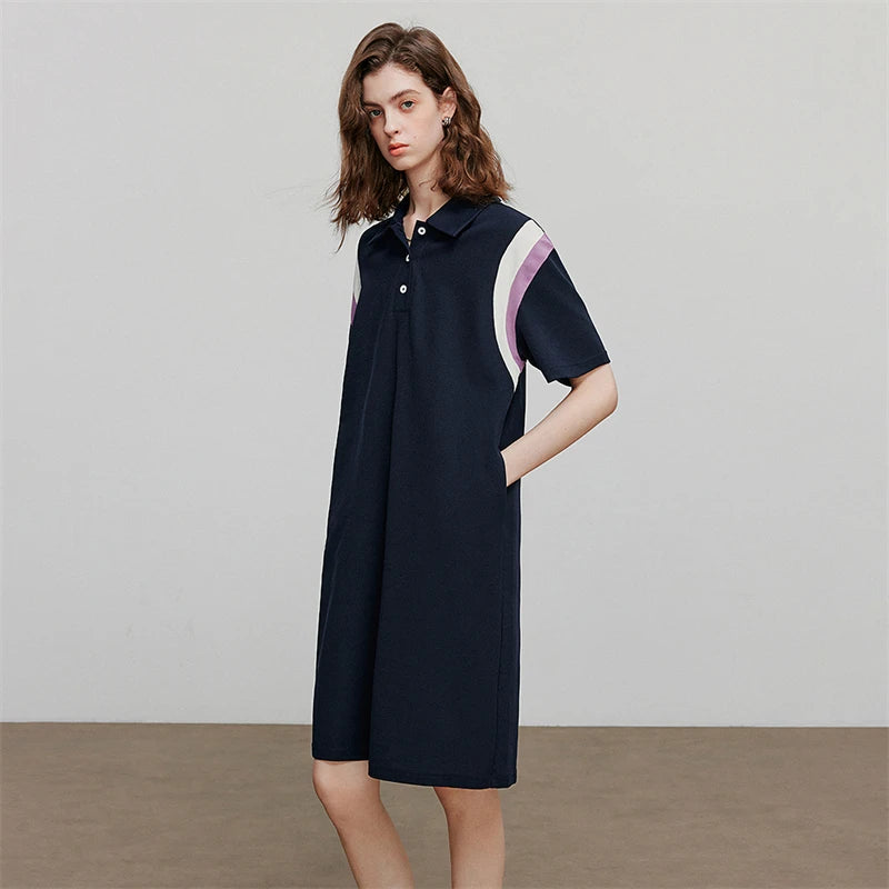 Damenkleid knielang Sommer Preppy-Stil Patchwork Kurzarm