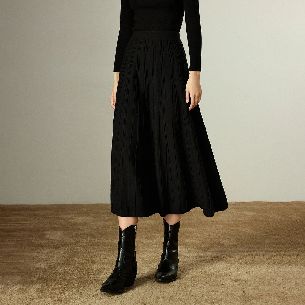 Jupe Midi Noire Femme – Taille Élastique au Dos, Maille Côtelée 3D, Coupe